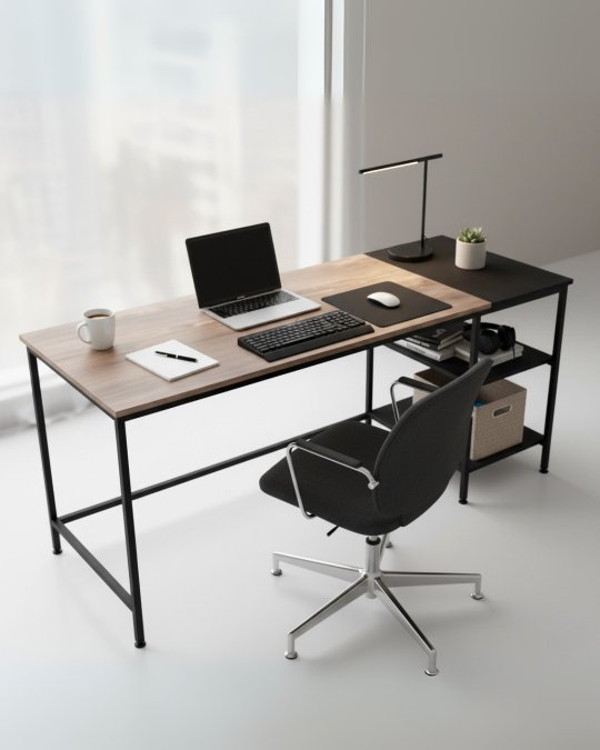 Modern Industrial Wood & Metal Office Desk with Shelves