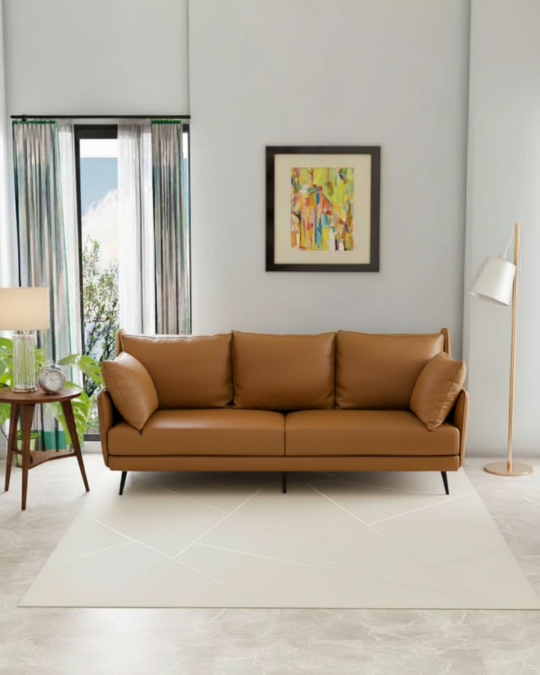 Luxurious Tan Leather Sofa | Modern 3-Seater Couch for Living Room