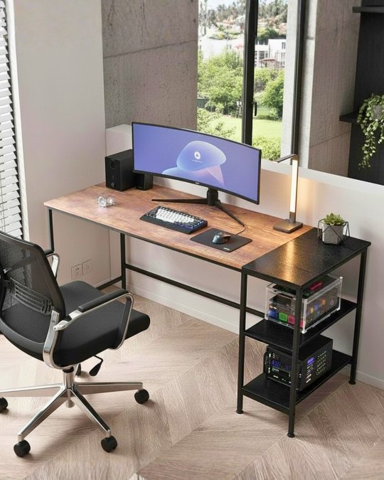 Modern Industrial Wood & Metal Office Desk with Shelves