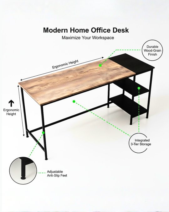 Modern Industrial Wood & Metal Office Desk with Shelves