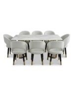 Modern Marble Top Dining Table with 8 Luxury Upholstered Chairs Set - White & Gold Finish