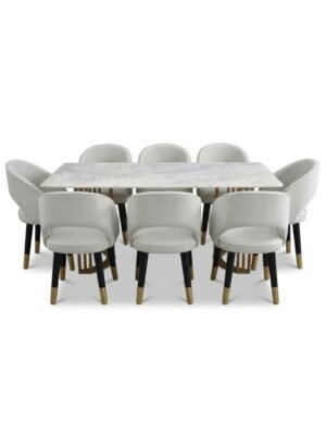 Modern Marble Top Dining Table with 8 Luxury Upholstered Chairs Set - White & Gold Finish