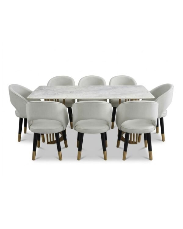 Modern Marble Top Dining Table with 8 Luxury Upholstered Chairs Set - White & Gold Finish