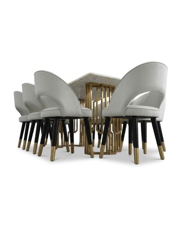 Modern Marble Top Dining Table with 8 Luxury Upholstered Chairs Set - White & Gold Finish